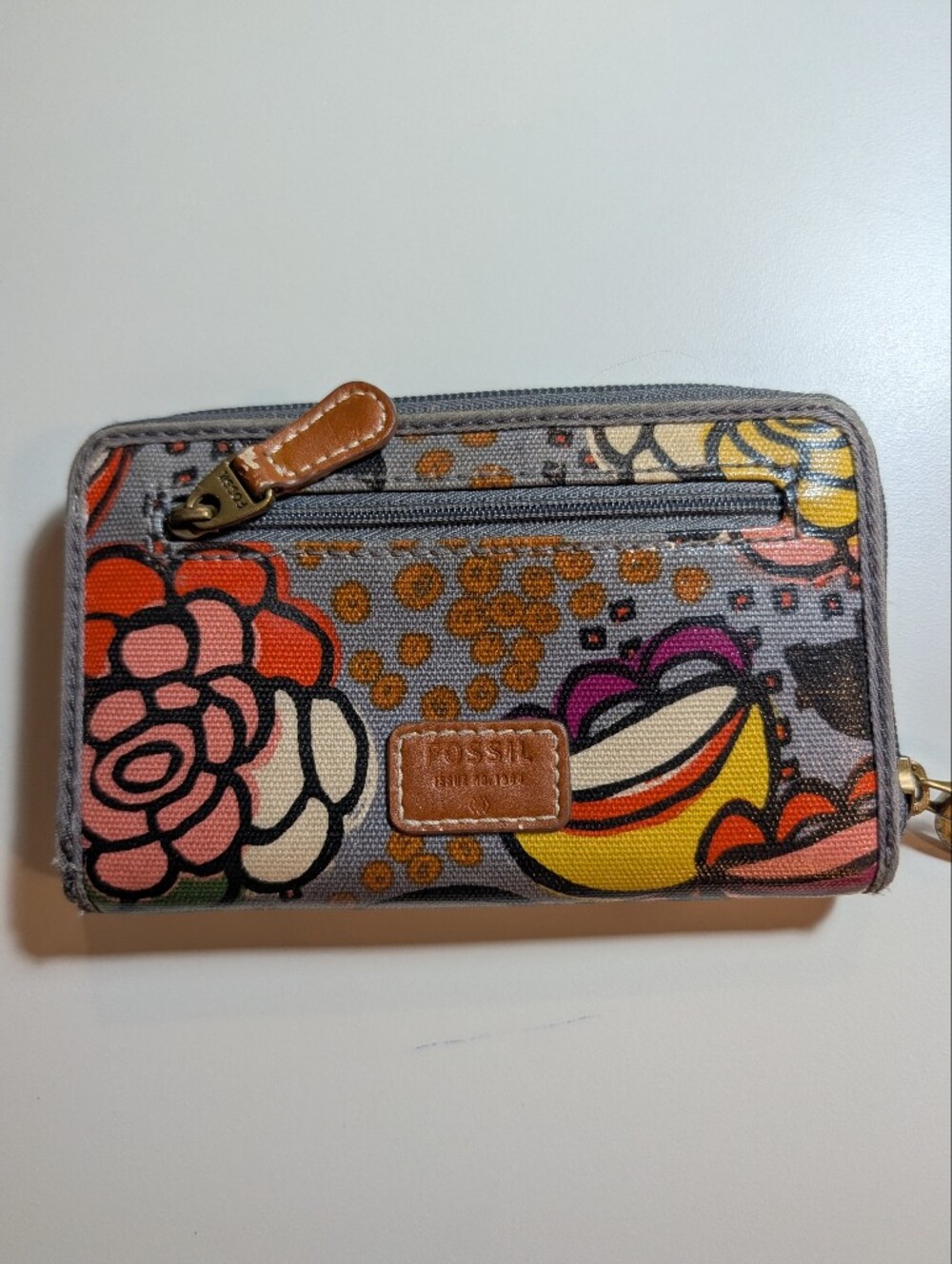 Fossil Gray Floral Zip Around Wallet with Pink, Orange and Yellow Accents